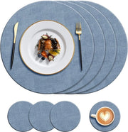 Set di tappeti in pelle e sottostanti - resistente al calore - 325 gradi Fahrenheit - antiscivolo e impermeabile - facile da pulire - tappeti in pelle PU - cucina - casa - ristorante - tavola da pranzo - 8 pezzi - blu