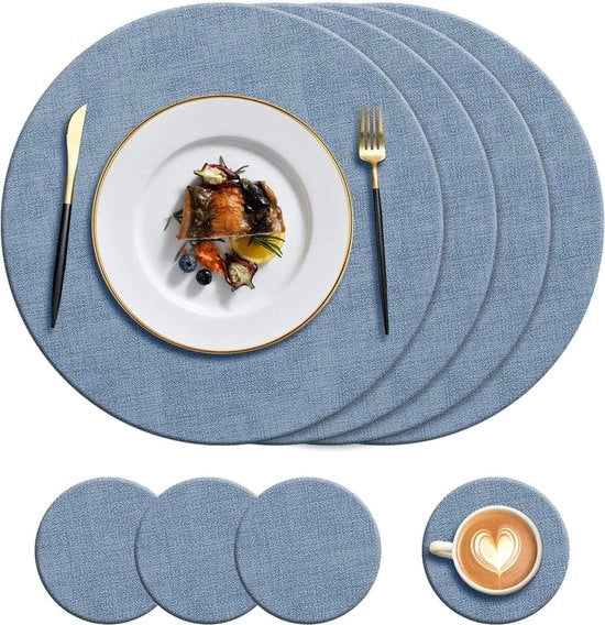 Set di tappeti in pelle e sottostanti - resistente al calore - 325 gradi Fahrenheit - antiscivolo e impermeabile - facile da pulire - tappeti in pelle PU - cucina - casa - ristorante - tavola da pranzo - 8 pezzi - blu