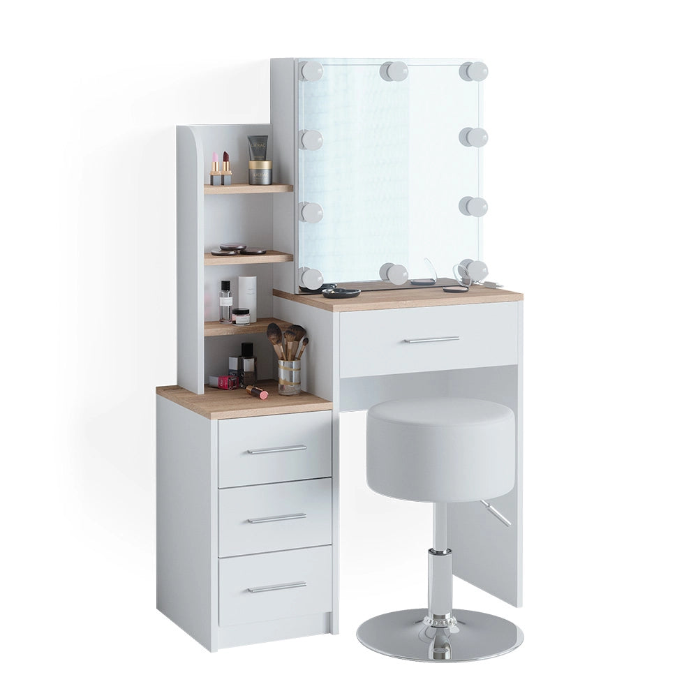 Tavolo da toeletta Conrada Bianco/Sonoma 80 cm con illuminazione LED e sgabello Vicco