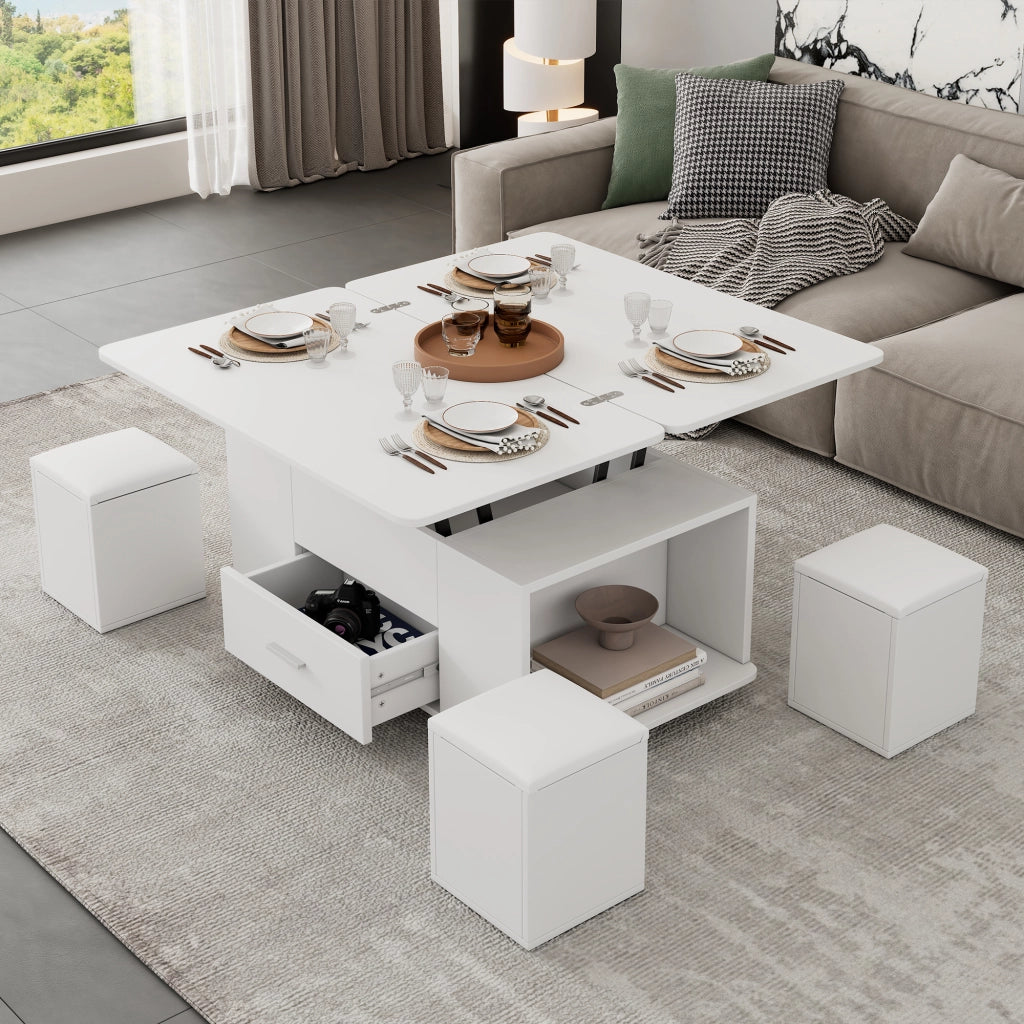 Tavolino multifunzione 100x50x45 cm; piano sollevabile con 4 sgabelli; truciolato; bianco