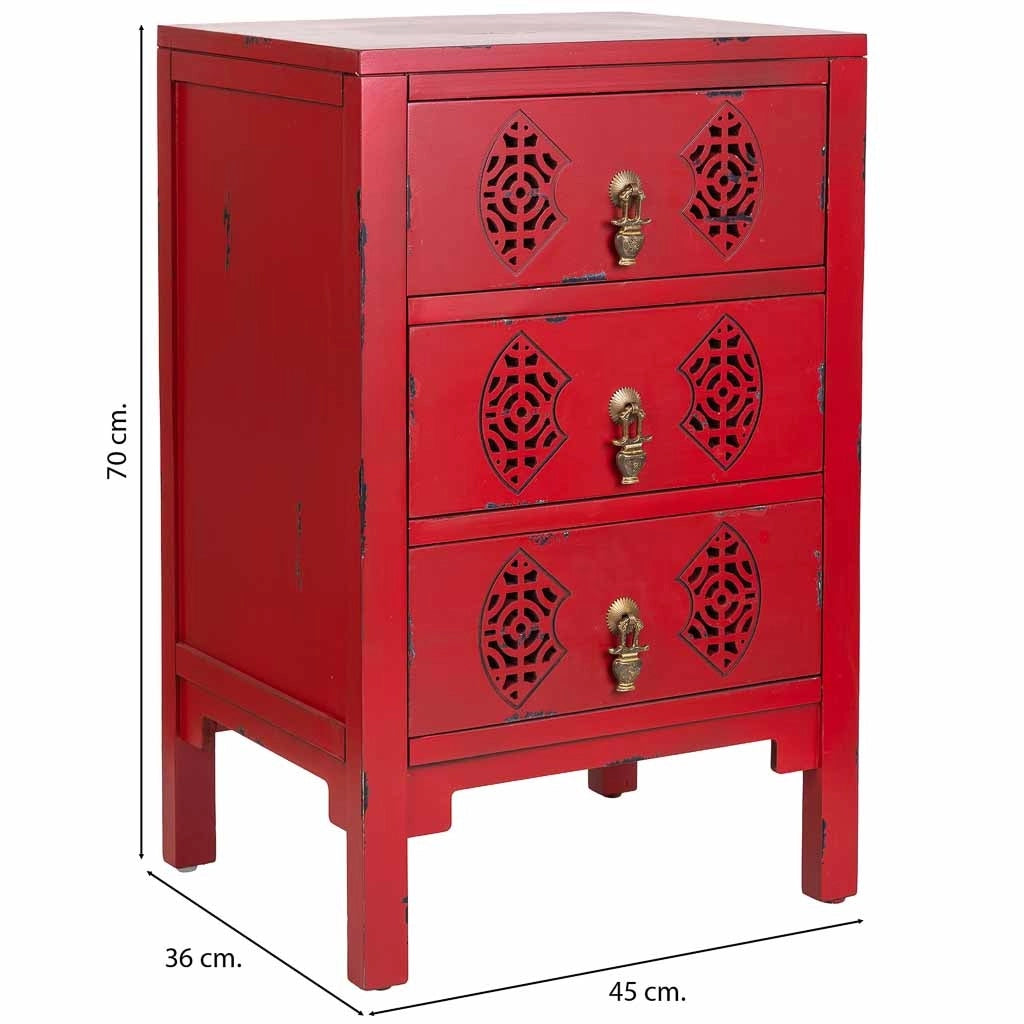 Mesita de madera con 3 cajones rojo 45x36x70
