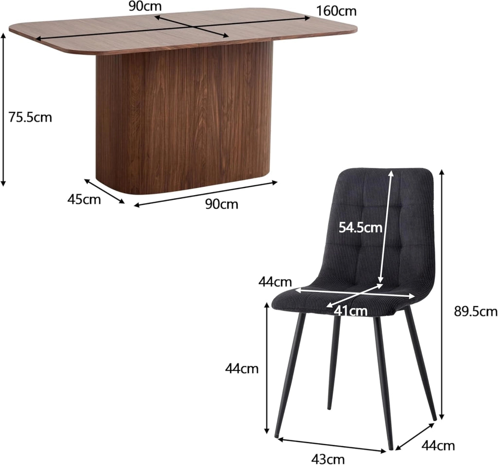 GrandCA HOME Set da Pranzo 6 Sedie in Velluto a Coste Nero e un Tavolo Rettangolare 160x90 — Ideale per Cucine e Soggiorni (Impiallacciatura di Noce)