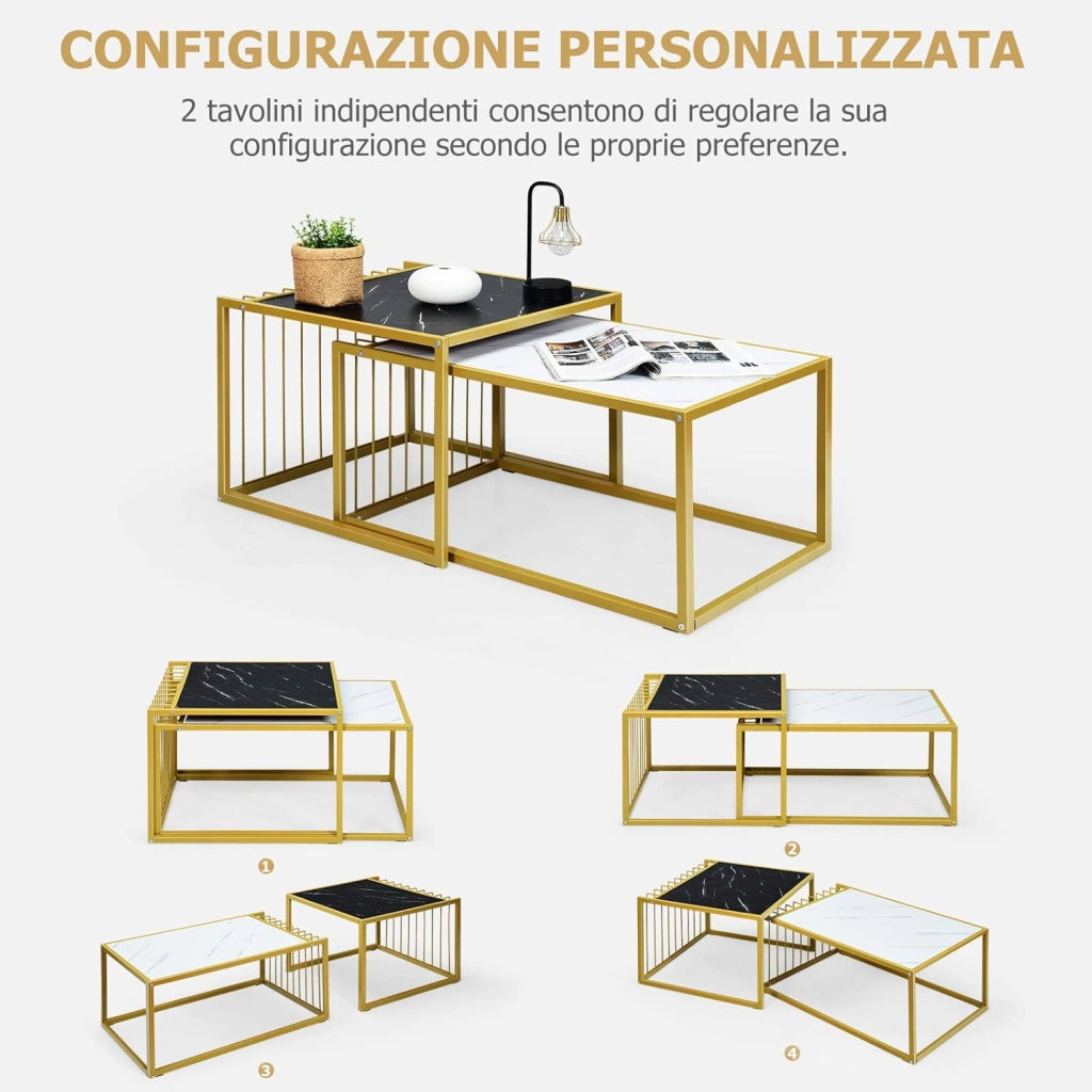 Set di Tavolini da Caffè, Tavolini da Salotto Moderni e Impilabili in Legno e Metallo, Tavolino Retangolare e Tavolino Quadrato per Soggiorno e Salone