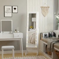 Armadio Portagioielli Portagioie Specchio Regolabile 20 Luci LED, Legno, Bianco, 40x37x146 cm