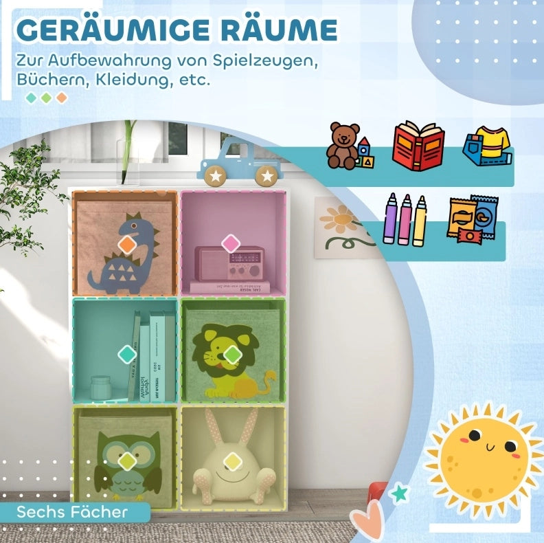 Scaffale per bambini con 6 scomparti e 3 cassetti, grigio