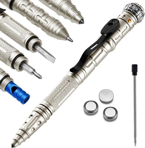 Penna Tattica Militare 8 in 1 - Penne di Difesa Personale con Lampada da Tasca e Vetrapposta - Multitool EDC - argento