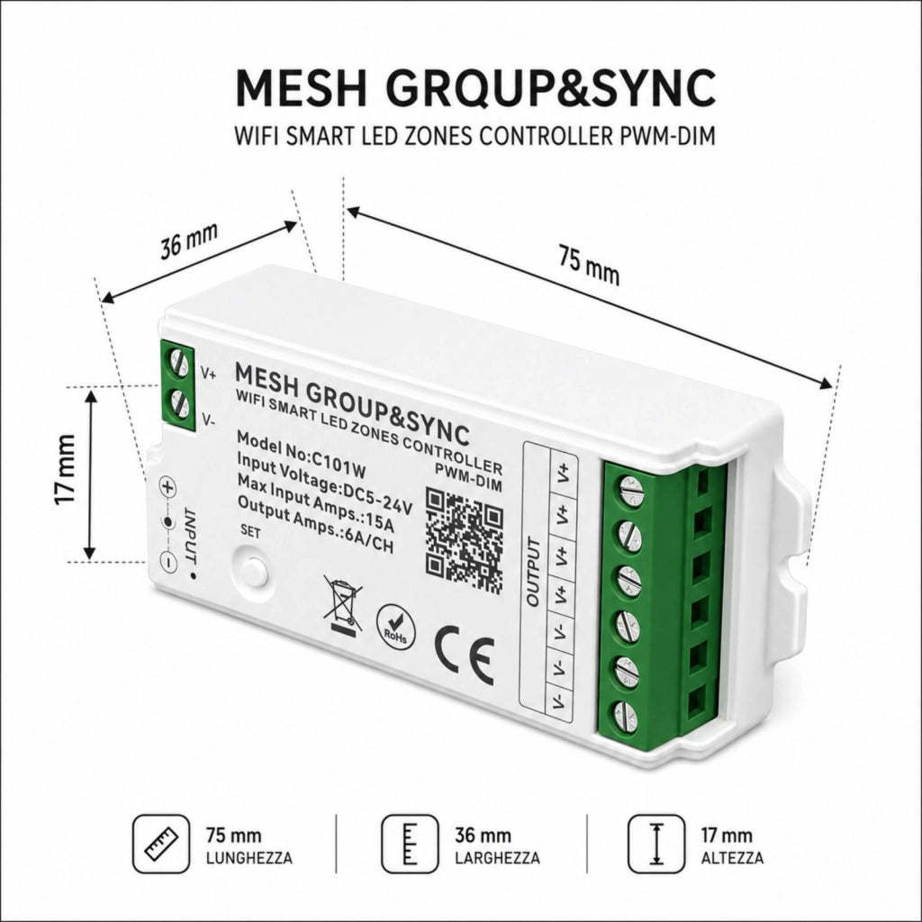 Centralina Controller Per Striscia Led Dimmer Mono Colore WIFI 2.4G, RF 2.4G TUYA, Smart Life Max 15A Tot. (6A/CH) DC5-24V 360W 1 Canale Dimmer CLC101R Bianco