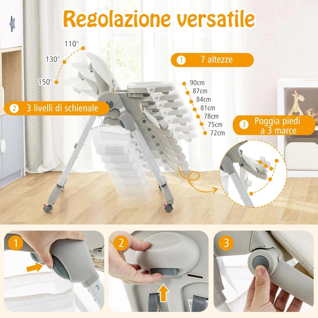 Seggiolone Pappa per Bambini e Neonati, Seggiolone Pieghevole Multifunzione con Ruote, Altezza Regolabile, Poggiapiedi e Schienale, Vassoio Rimovibile, per 6-36 Mesi (Bianco)