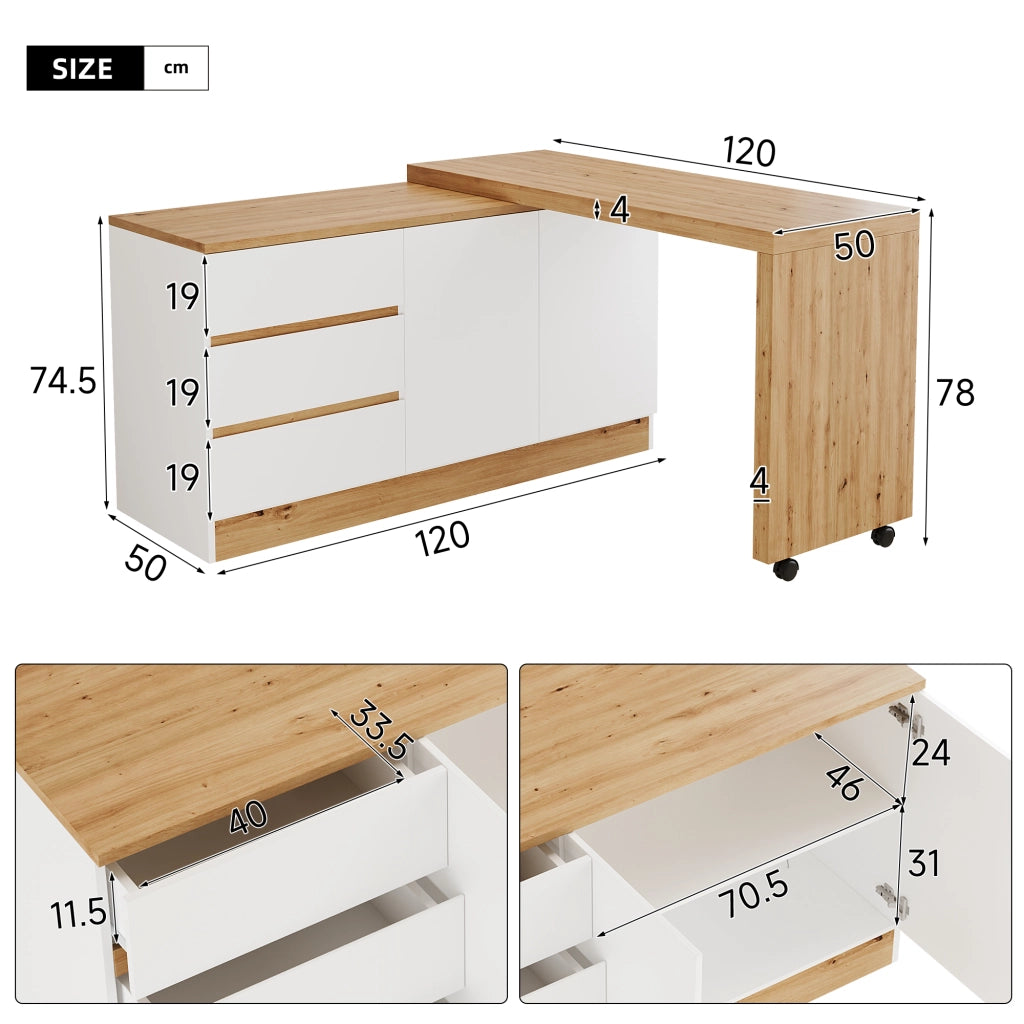 Scrivania pieghevole multifunzionale con 2 ante e 3 cassetti, girevole, per home office, bianco e rovere, 120 × 50 × 78 cm