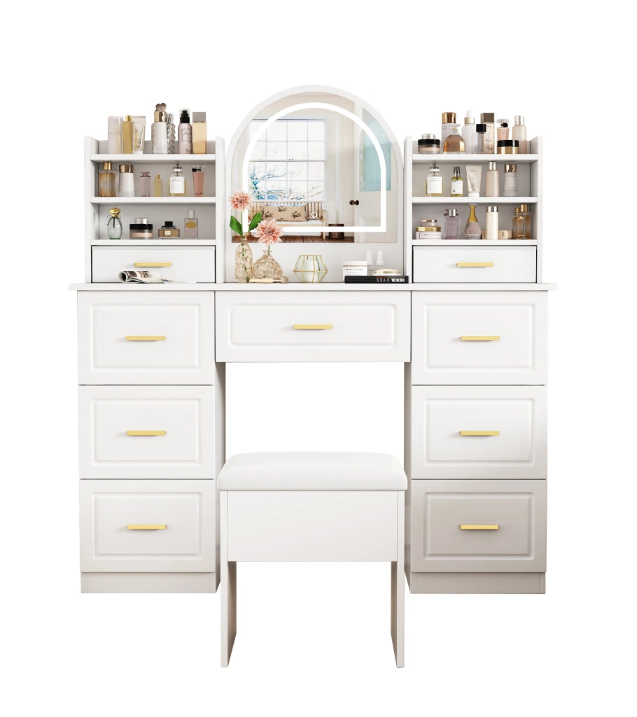 Tavolo da Trucco con Specchio e LED ¨C MINIMAL ¨C 9 Cassetti, Bianco, 120x40x135 cm