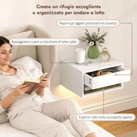 Set 2 Comodini Sospesi 37x32x21 cm con LED RGB Integrati e Regolabili con APP Cassetto e Ripiano Bianco