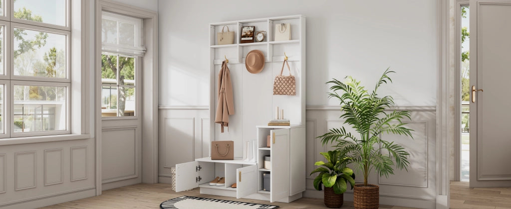 Set da ingresso con panca; scarpiera e 3 ganci; truciolato; bianco; 120x40x200 cm