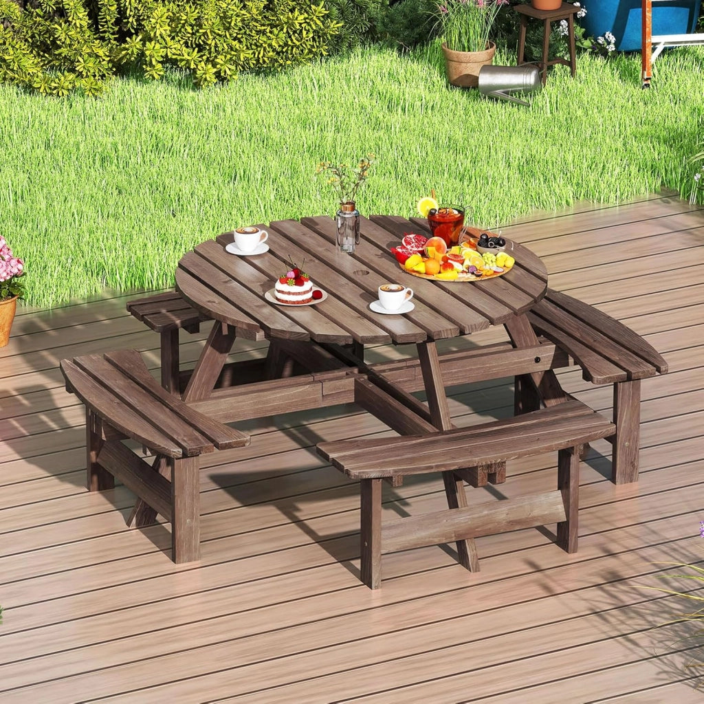 Tavolo da Picnic per 8 Persone con Foro per Ombrellone, Tavolo con Panche in Legno di Abete, Set da Giardino Esterno per Bar, Agriturismo, Sagra, Patio, Balcone, φ179 x 70 cm (Marrone)