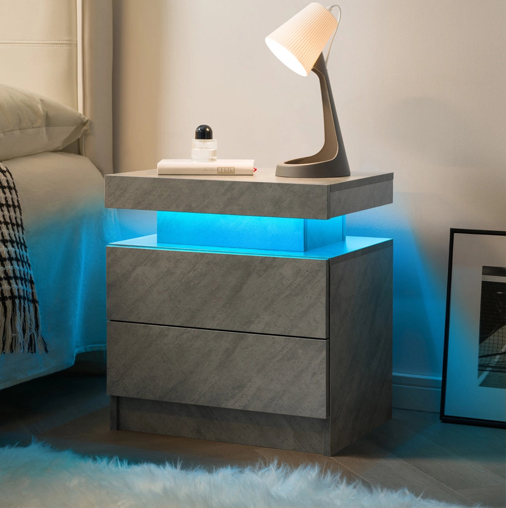 Comodino moderno con luci LED regolabili, 2 cassetti, colore grigio scuro