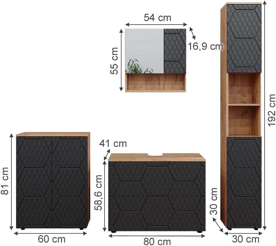 set mobili bagno Irma, Quercia dorata/Antracite, 4 pezzi, con cassettiera e mobile midi