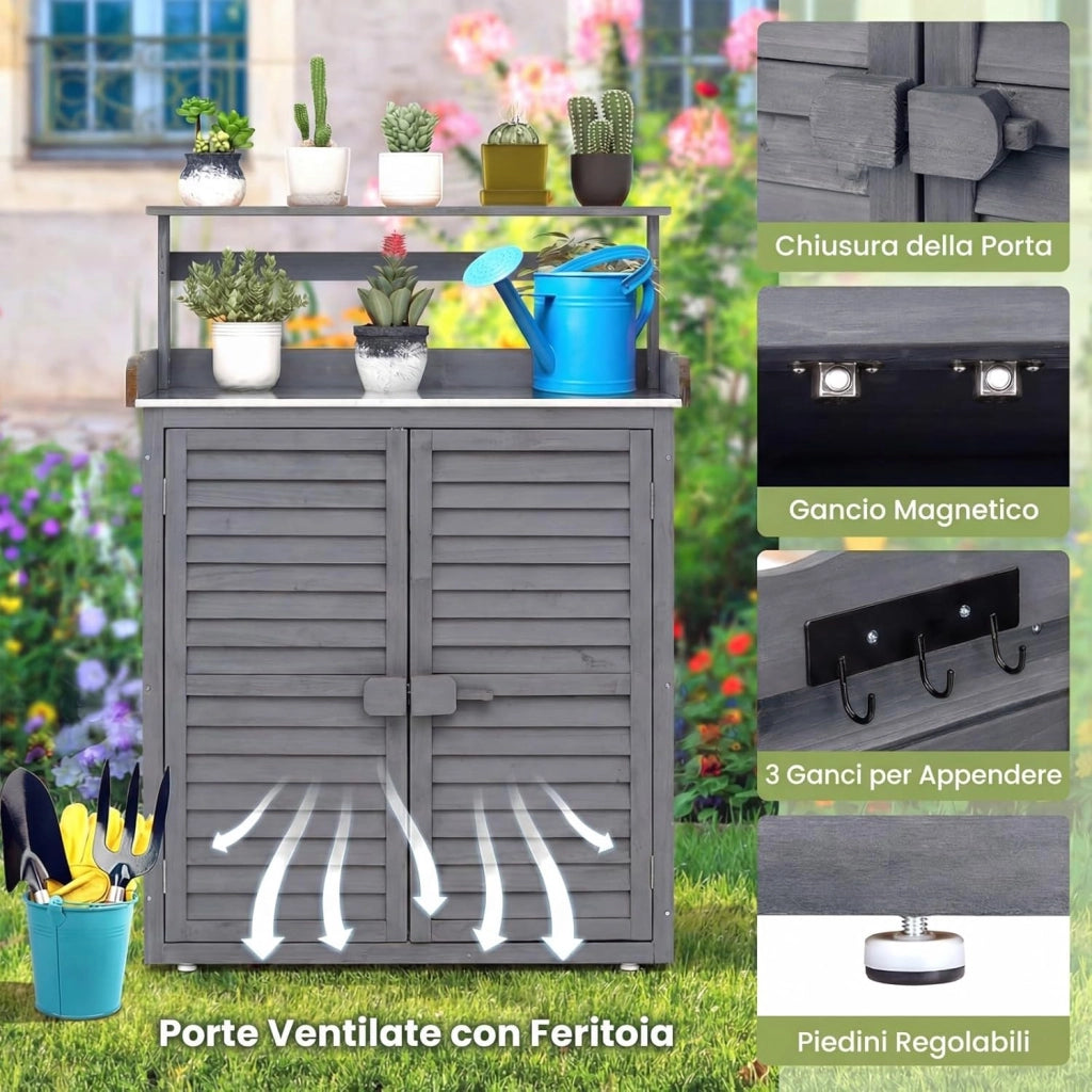 Armadietto da Esterno in Legno a 2 Livelli con Piano di Lavoro in Metallo Zincato, 3 Ganci Appendiabiti, Ripiani Rimovibili e Ante a Doghe, per Giardino, Balcone e Cortile (Grigio)