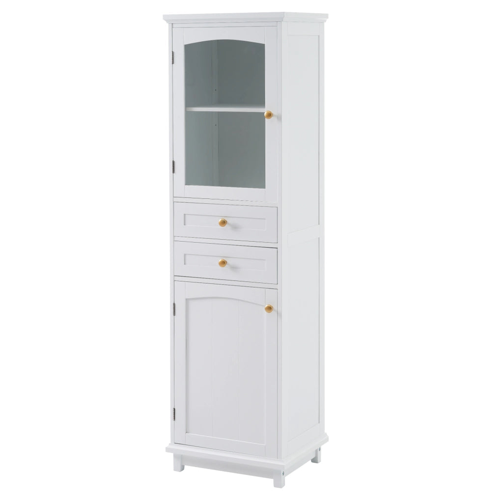 Armadio da bagno in MDF e vetro, 45 x 36 x 160 cm, bianco, con 2 cassetti e ripiani regolabili