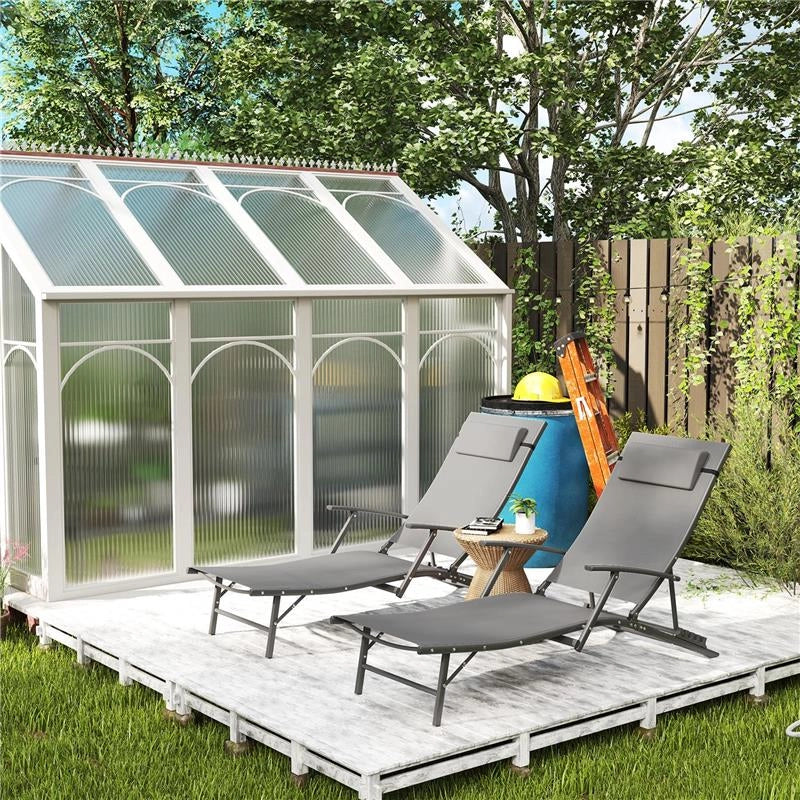 SET 2 SDRAIO DA GIARDINO PIEGHEVOLI CON SCHIENALE REGOLABILE SU 4 LIVELLI E CUSCINO GRIGIO
