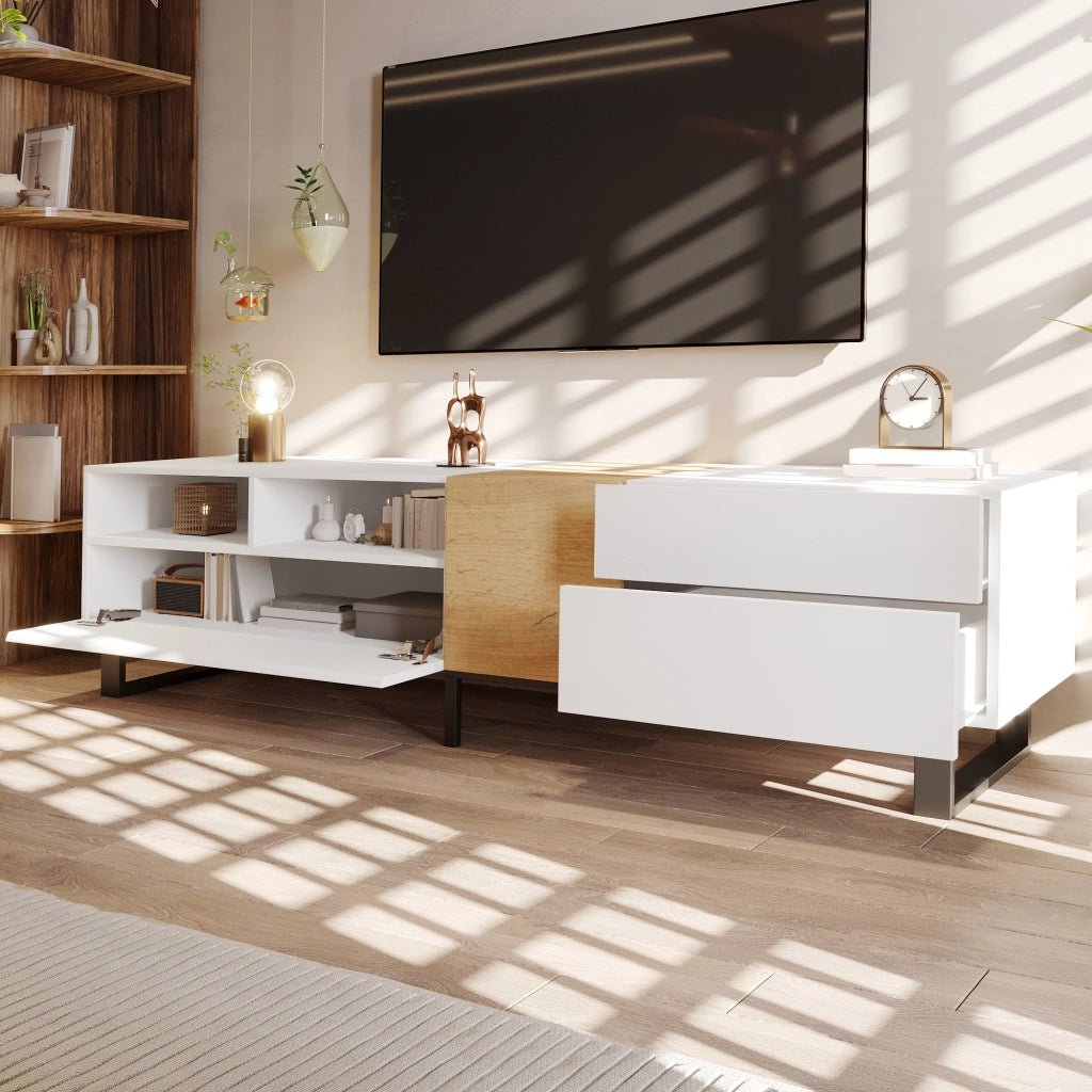 Mobile TV con 2 Ante e 2 Cassetti; 2 Vani Aperti; Stile Moderno; Soggiorno; 180¡Á38¡Á50 cm; in MDF; Bianco e Legno