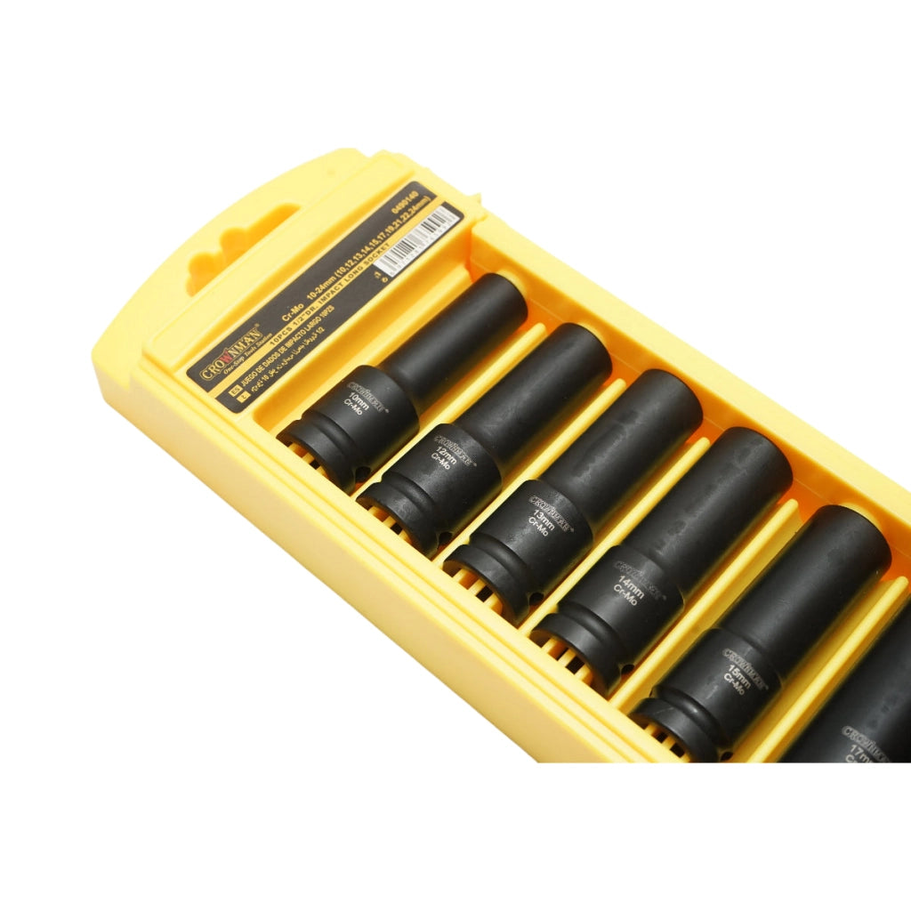 Set di 10 chiavi a bussola a impatto lunghe 10-24 mm, 1/2 pollice quadrato, materiale Cr-Mo, norma DIN 3121, industriale Crownman