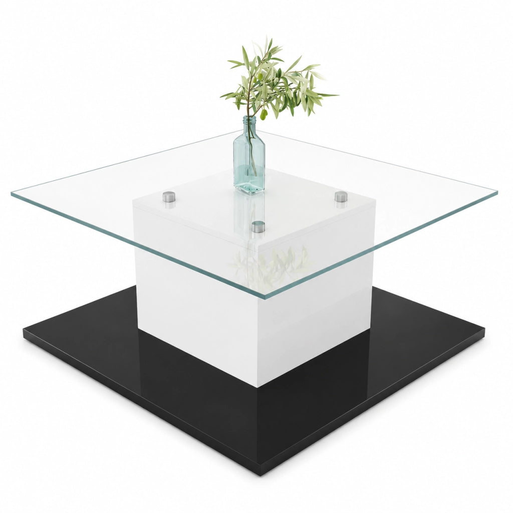 Tavolino da caffè 80x40x80 cm; piano in vetro temperato con LED regolabile e ruote; pannello truciolare bianco e nero