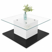 Tavolino da caffè 80x40x80 cm; piano in vetro temperato con LED regolabile e ruote; pannello truciolare bianco e nero