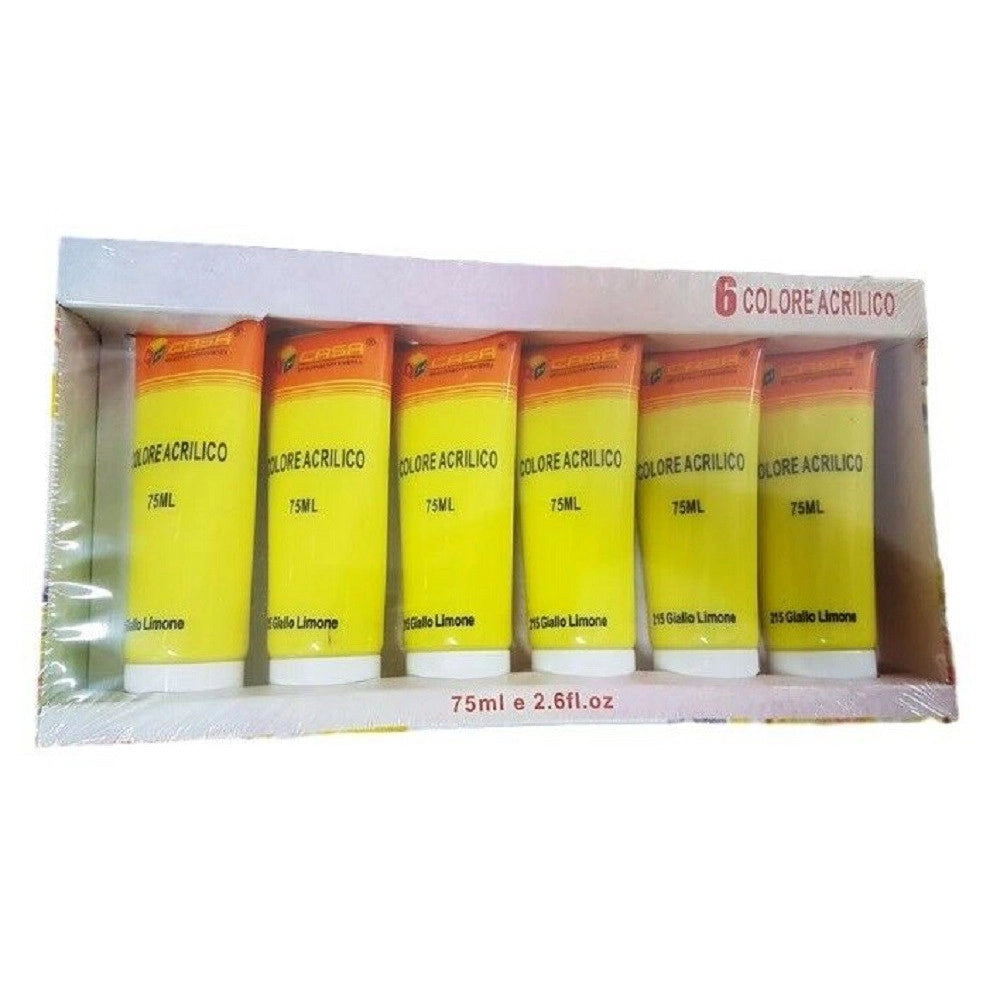 Trade Shop - Set 6pz Pittura Acrilica Vernice Confezione Colore Giallo Limone Tubo 75ml 07490 -
