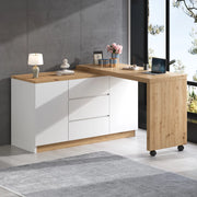 Scrivania pieghevole con 2 ante, 3 cassetti e ruote con freno, in truciolato bianco rovere, 120 × 50 × 76,5 cm