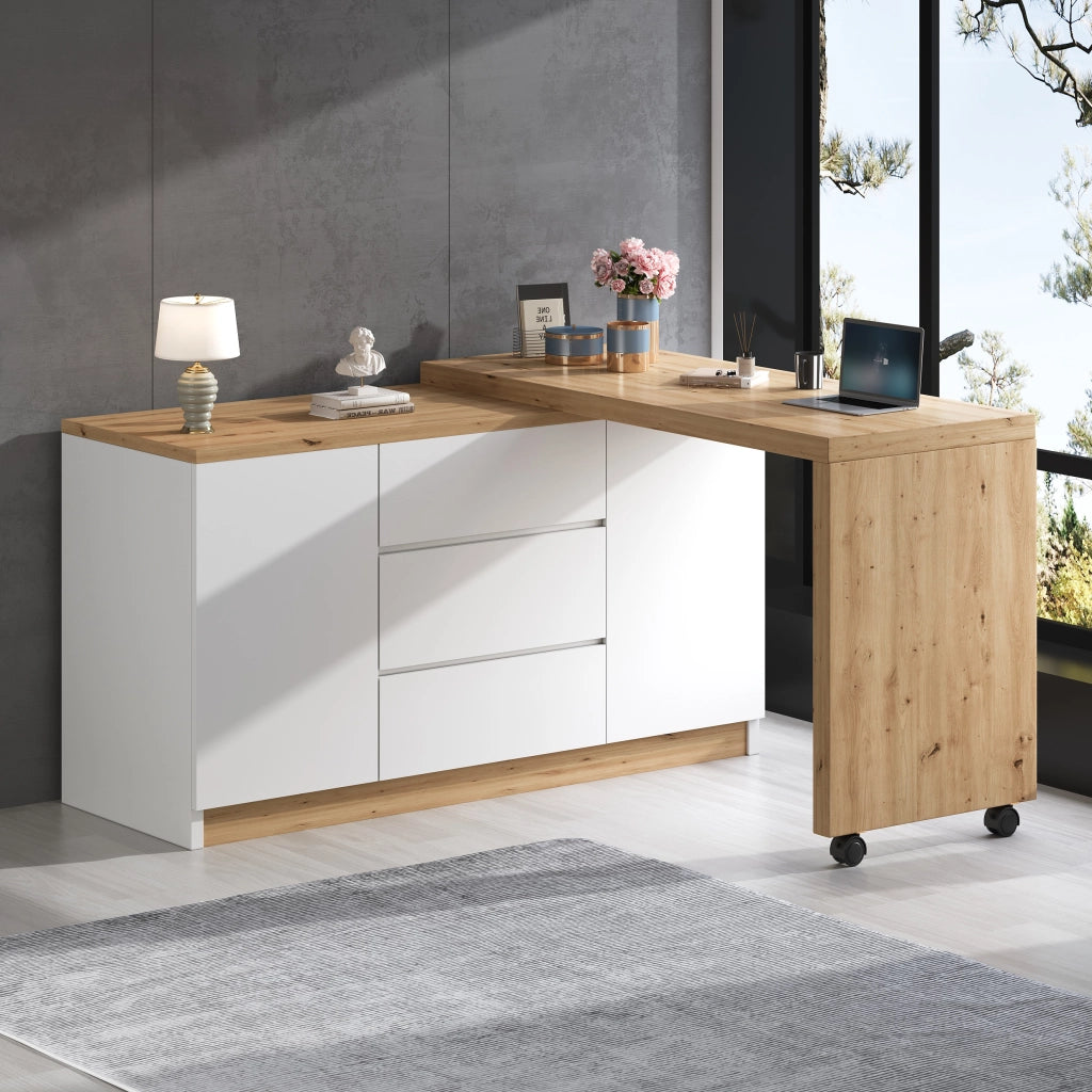 Scrivania pieghevole con 2 ante, 3 cassetti e ruote con freno, in truciolato bianco rovere, 120 × 50 × 76,5 cm
