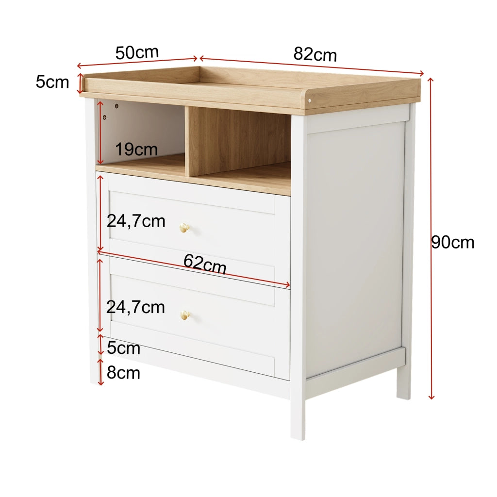 Set armadio e fasciatoio per bambino, con ante scorrevoli, ripiani, cassetti e struttura in MDF bianco effetto legno