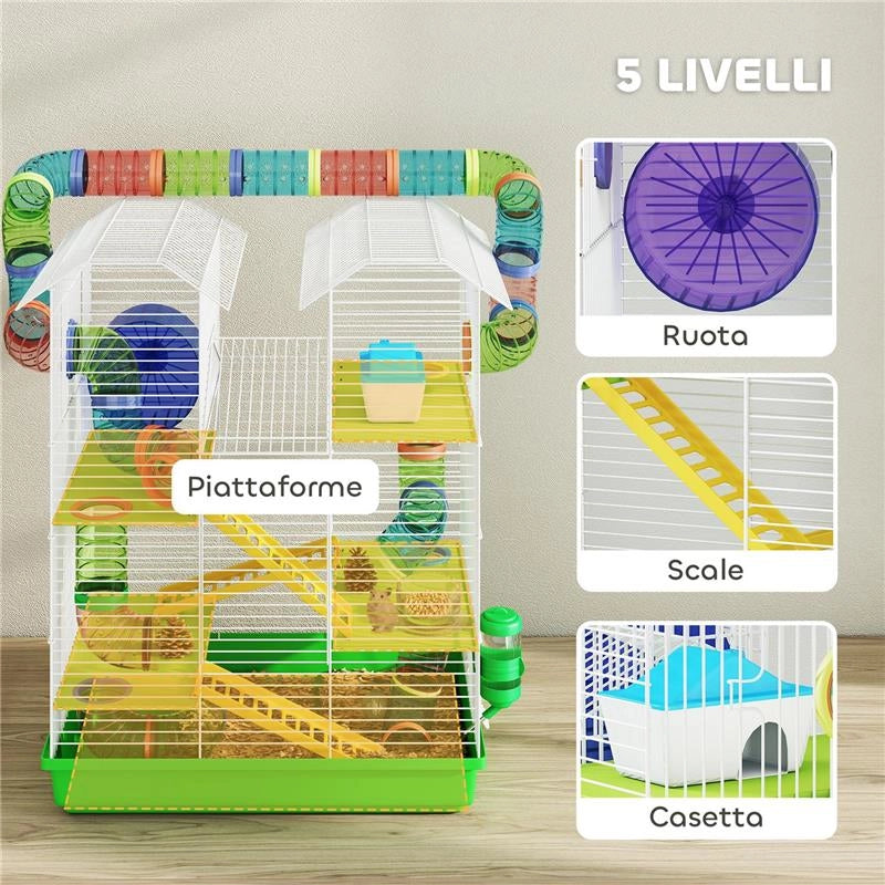 GABBIA PER CRICETI A 5 PIANI CON TUBI COLORATI, RUOTA, CASETTA E ACCESSORI, 47X30X59 CM, VERDE