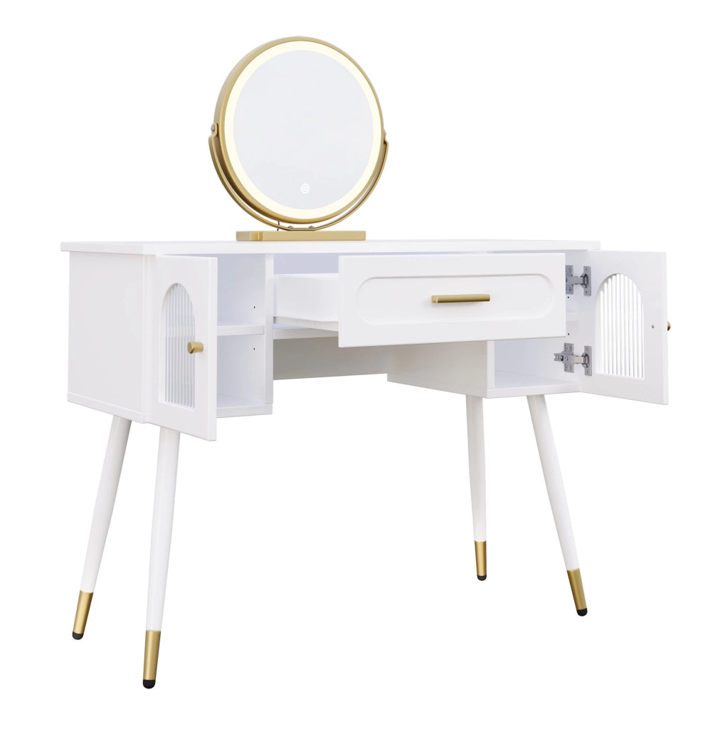 Tavolo da trucco 100x42x112 cm con specchio LED e cassetto bianco oro