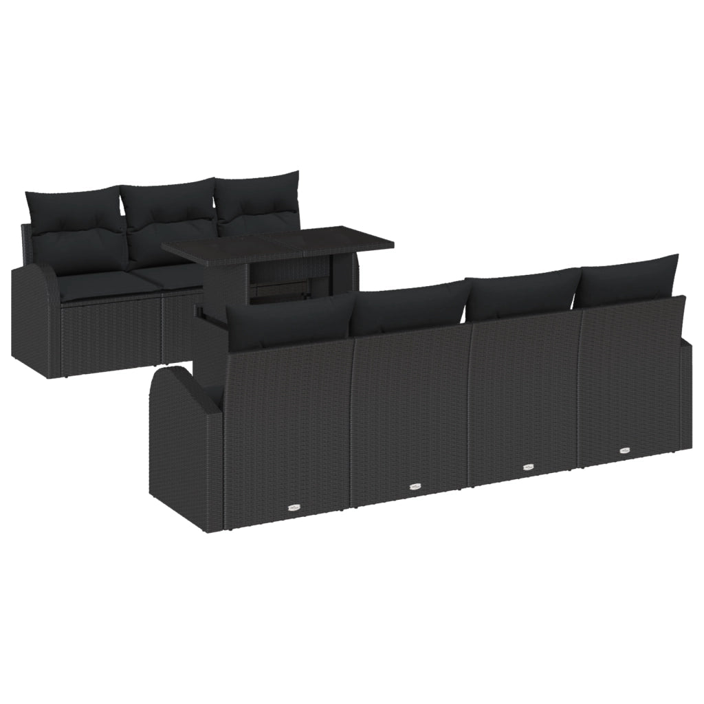 Set Divano da Giardino Con Cuscini di 8 Pezzi Nero Polyrattan