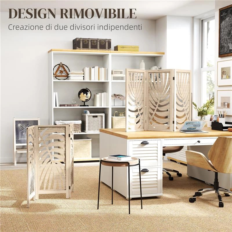 PARAVENTO DA INTERNO A 3 PANNELLI PIEGHEVOLE E SEPARABILE IN LEGNO, DESIGN A FOGLIE, 120X170 CM, COLORE LEGNO