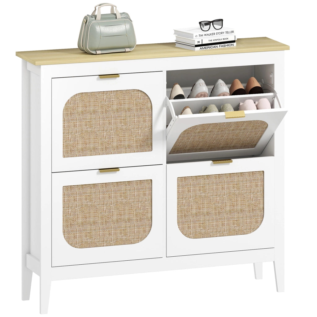 Scarpiera con Ante Effetto Cannage e 4 Cassetti ¨C Minimal ¨C Bianco 105x24x95.5 cm