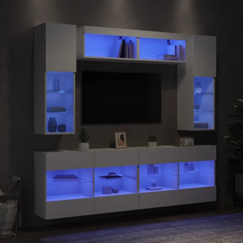 Set Mobili TV a Muro 6 pz con Luci LED Bianco