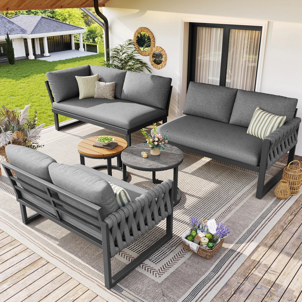 Set salotto da giardino modulare con 2 tavolini e cuscini idrorepellenti; grigio