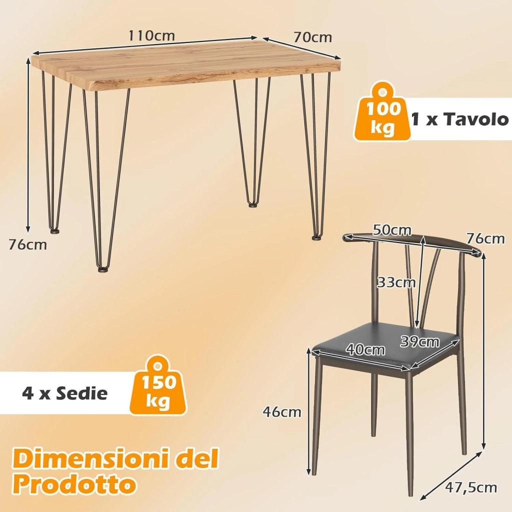 Set da Tavolo e Sedie da Pranzo, Tavolo da Cucina Industriale con 4 Sedie Senza Braccioli con Seduta Imbottita, Schienale a Raggiera, Set 5 Pezzi Mobili Salvaspazio per Sala da Pranzo