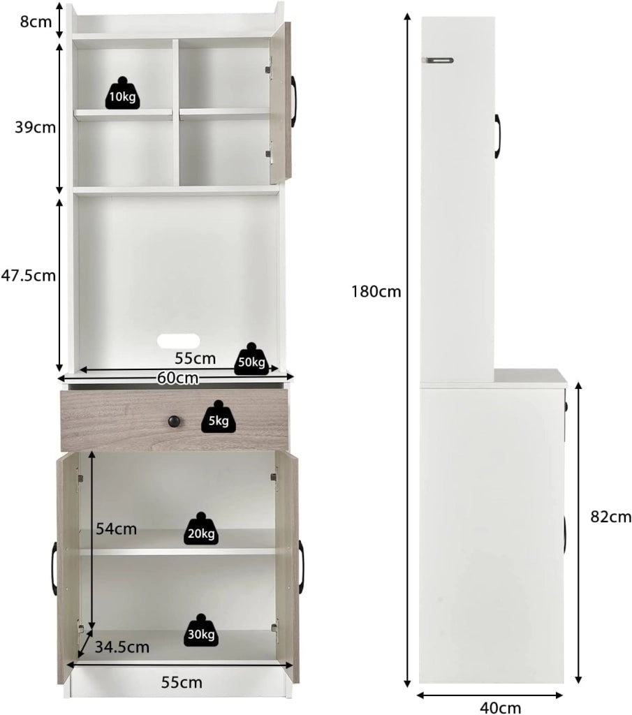 Credenza Alta da Cucina 180 cm, Mobile Cucina Dispensa con Fori Cavi, Mobile Buffet con Ripiano Regolabile, 3 Ante e Cassetto, per Soggiorno, Sala da Pranzo, Bagno, 60 x 40 x 180 cm (Bianco)