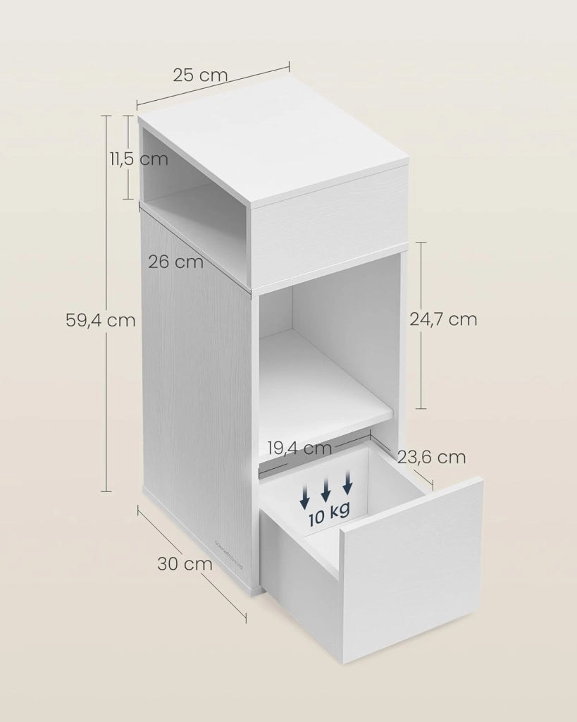 Comodini Sottili, Toolless Montaggio Super Veloce Senza Attrezzi, Set di 2 Tavolini con 2 Scomparti Aperti e 1 Cassetto, per Camera da Letto, 30 x 25 x 59,4 cm, Bianco Neve LET912WE01