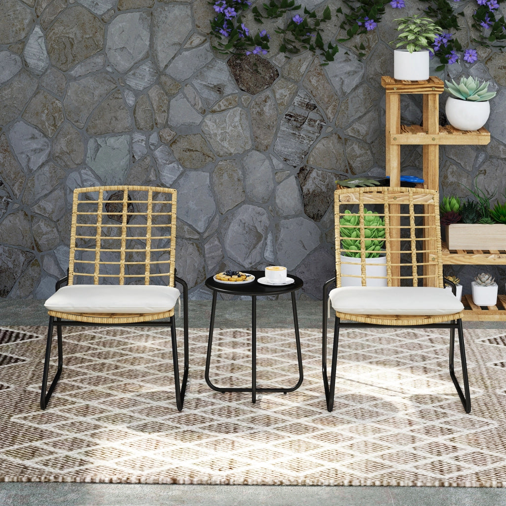 Set Bistrot 3 Pezzi ¨C zephmum ¨C Sedie in Rattan, Tavolino con Piano in Metallo, Cuscini, Beige e Marrone