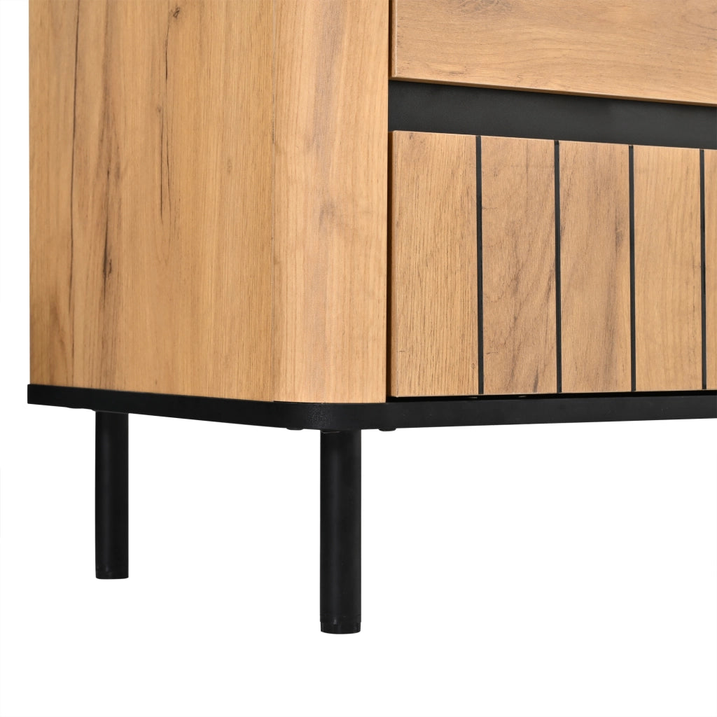 Mobile porta TV con 2 cassetti, 2 ante e passacavi, per soggiorno, in MDF e metallo, nero e naturale, 180 × 40 × 52 cm