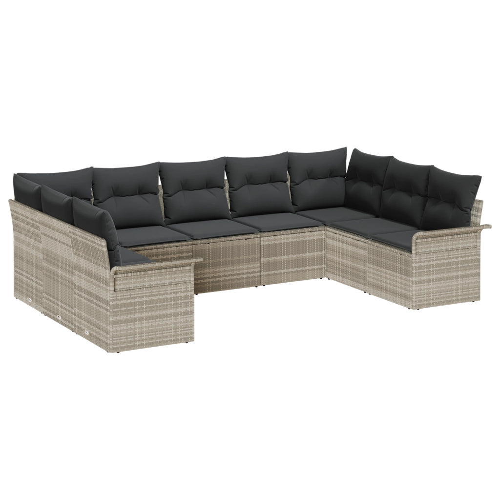 Set di divano da giardino da 9 pezzi con cuscini in rattan grigio chiaro