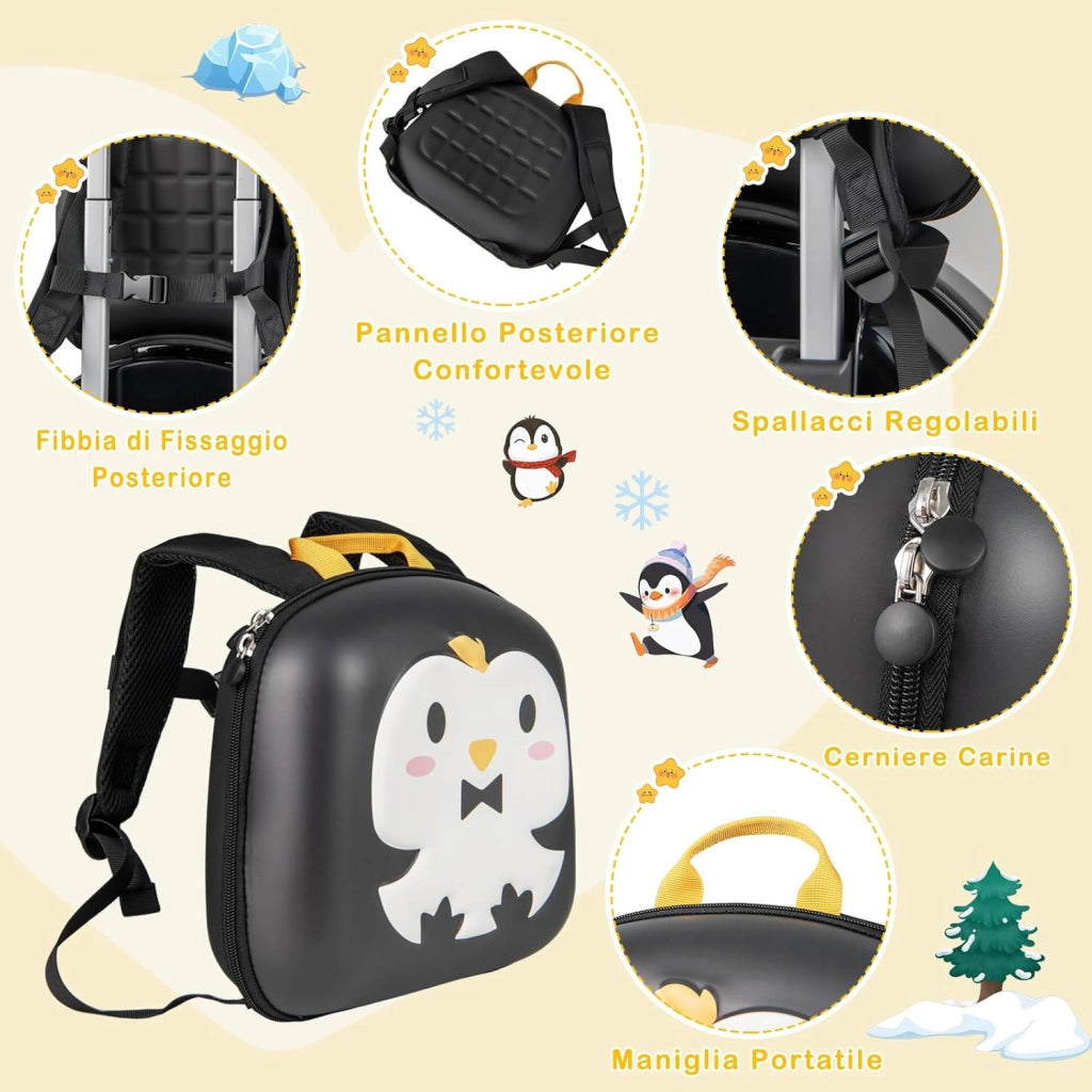 Set di Valiglie per Bambini, Set da 4 Pezzi con Trolley, Zaino, Cuscino per Collo ed Etichetta per Bagaglio, Valigia a Mano da Viaggio con Ruote Universale e Maniglia Regolabile (Pinguino)