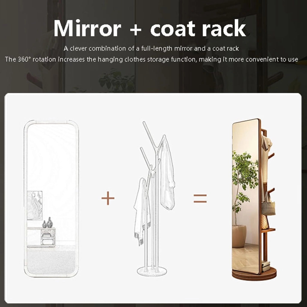 Specchio a Figura Intera con attaccapanni Specchio da Pavimento in Legno Girevole a 360° per Camera da Letto e Soggiorno