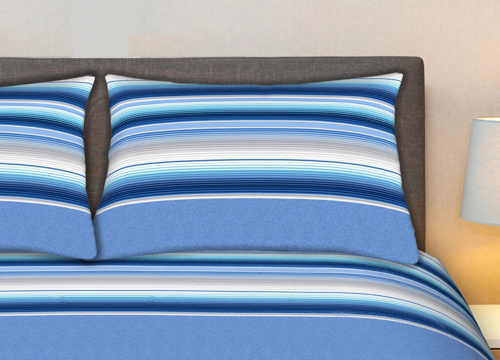 Completo Lenzuola Stiro Facile 100% Cotone Made Italy Effetto Seta Striped - Matrimoniale - Blu