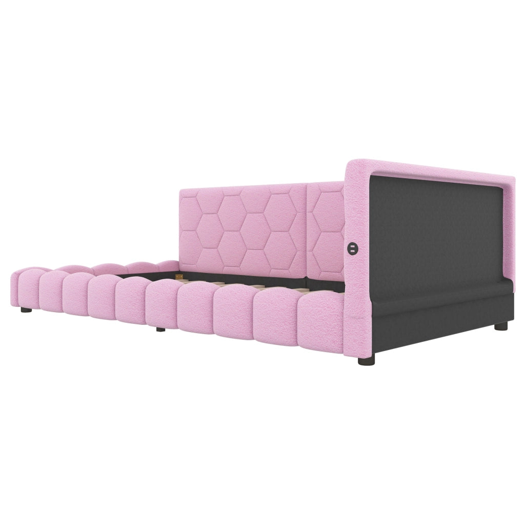 Divano letto singolo con LED regolabile; USB e Type-C; 90 x 200 cm; velluto rosa