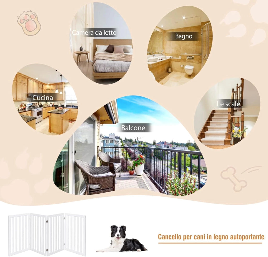 Cancelletto per Cani Pieghevole in Legno con 4 Ante, Ideale per Scale, Soggiorno e Cucina, 89 x 200 cm, Bianco