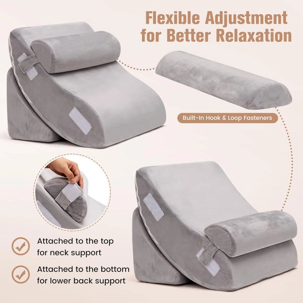 Set di 4 Cuscini a Cuneo per Letto, Cuscini Regolabili in Memory Foam con Fodere Lavabili, Cuscino Multiuso per Dormire da Lettura, Grigio