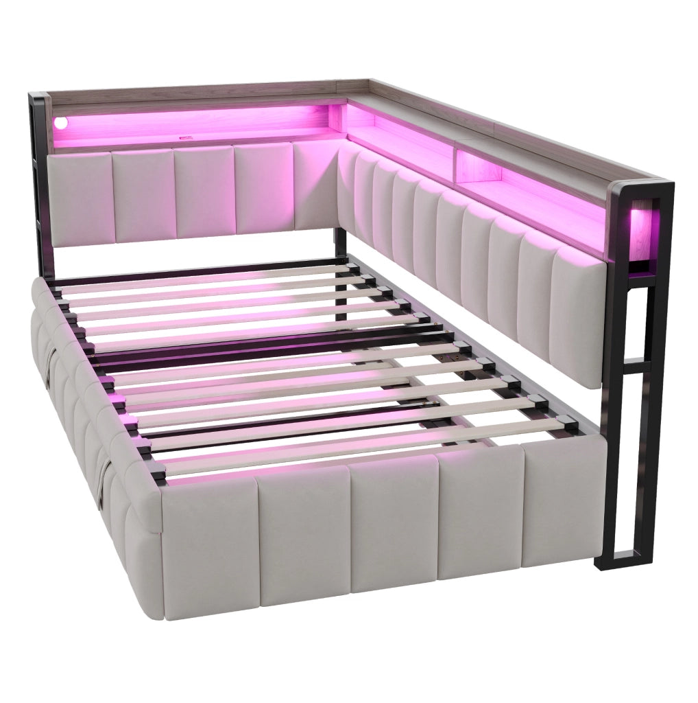 Divano letto estraibile ULEVR 90x200 cm con letto supplementare, LED, USB e Type-C, velluto grigio